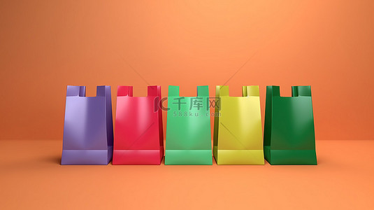 绿色背景上充满活力的纸质购物袋的 3D 渲染