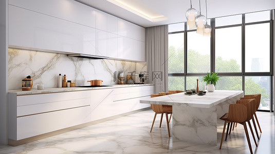 现代厨房设计，配有白色大理石台面和橱柜 3D 插图