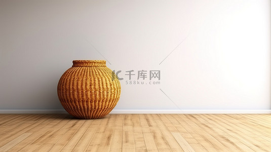 柳条篮背景图片_放置在巧妙房间中的装饰柳条篮的 3D 渲染