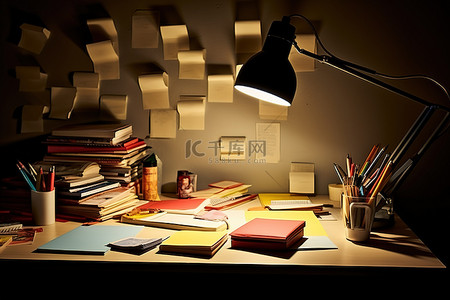 桌子书籍背景图片_一张带灯的桌子书籍和笔记