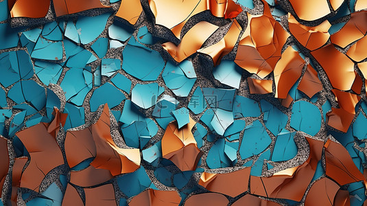橙色棕色和蓝色色调的断裂表面的抽象 3D 渲染