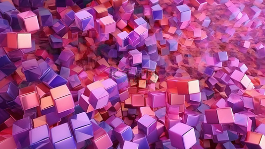 飞行中粉红色和紫色几何形状的 3d 渲染背景