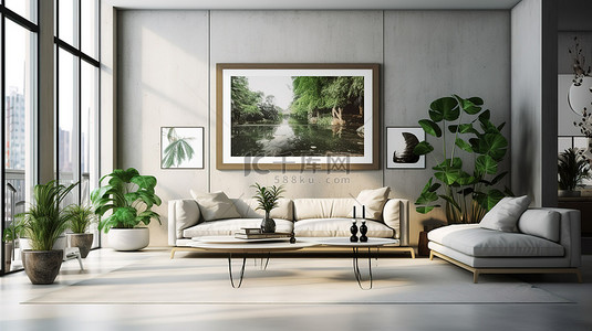 家具沙发背景海报背景图片_现代休息区设有时尚沙发和令人惊叹的 3D 双海报展示