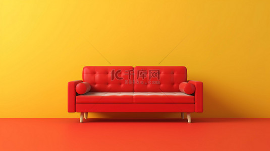 简约的红色沙发位于白色和黄色的 3D 环境中