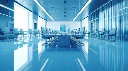深蓝色企业背景图片_明亮办公室 3D 渲染中抽象会议室的深蓝色特写