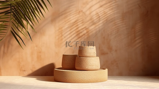 柳条篮背景图片_化妆品讲台展示的 3D 渲染，以柳条篮中的天然产品为特色，背景为棕榈树阴影