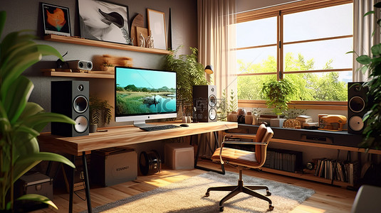 屏幕上显示响应式设计的家庭办公室 3D 渲染