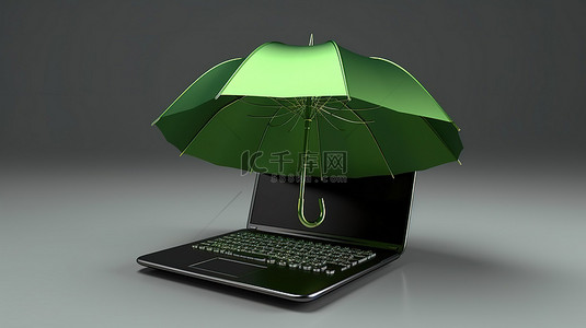 绿色病毒背景图片_保护您的笔记本电脑 保护笔记本电脑的绿色雨伞的 3D 插图