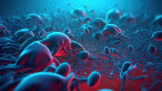 微观世界微生物群中细菌的 3D 插图，具有蓝色和红色配色方案