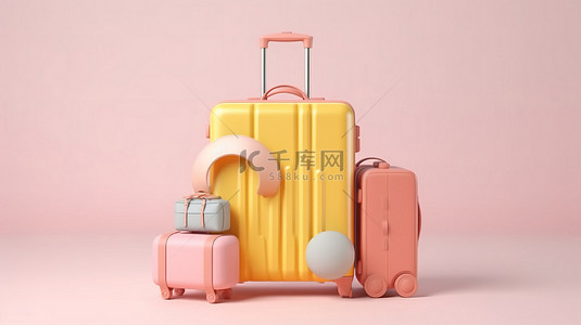 行李背景图片_柔和彩色行李样机的 3D 插图