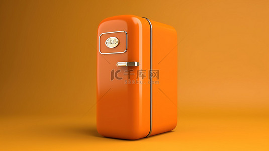 橙色背景上单色风格的老式冰箱 3D 渲染图像