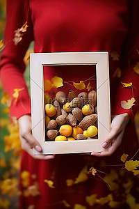 秋天背景图片_一个人拿着一个带有坚果的白色框架