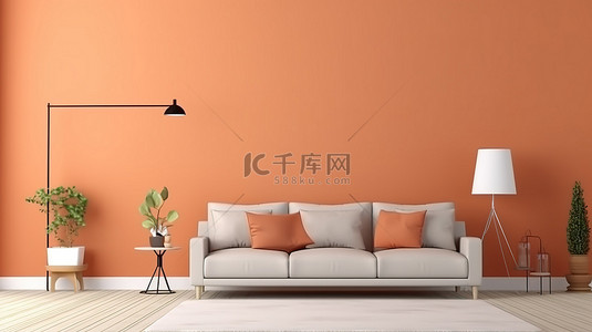 现代橙色风格的房间模拟墙 3D 渲染设计