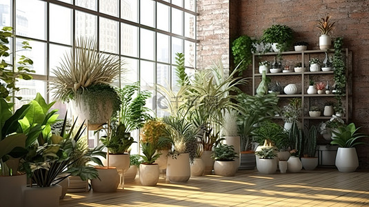 室内花园绿洲咖啡馆或花卉精品店中花卉和植物的 3D 渲染