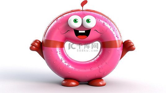 3D 渲染的一个大草莓粉色釉面甜甜圈的吉祥物，白色背景上有救生圈