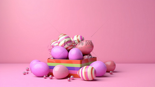 创意复活节彩蛋背景图片_粉红色背景下彩色复活节彩蛋和礼品盒的 3D 渲染