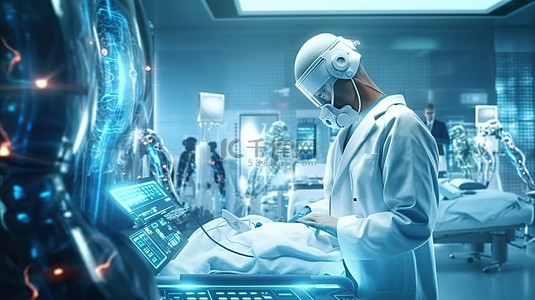 协助背景图片_男性机器人在医院手术室协助机器人医生 3D 渲染插图