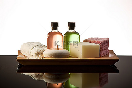 身体乳背景图片_肥皂洗发水和乳液放在木托盘上