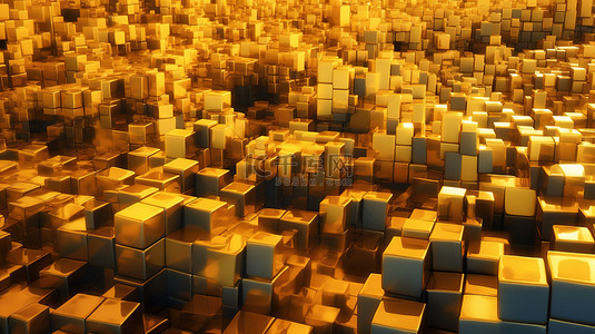 金色混沌 3D 渲染金属表面上的抽象立方体，具有未来派背景的线条和低多边形形状