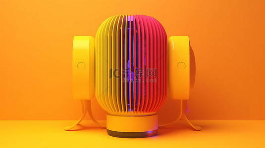 黄色背景展示了 3D 渲染的多色风扇加热器