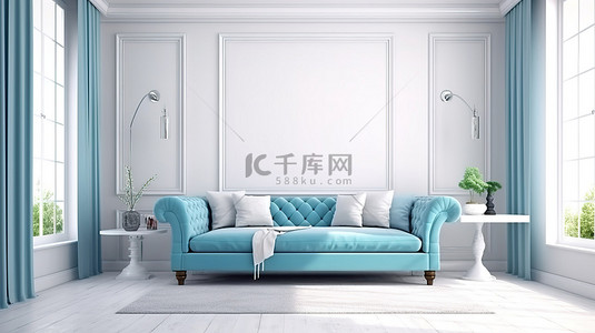复古房子背景图片_现代客厅，复古氛围 3D 渲染，配有蓝色布艺沙发
