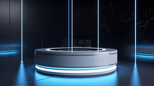 白色展台模型背景图片_带白色霓虹灯的科幻讲台 3d 渲染白色产品展台模型