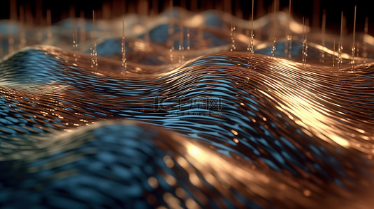抽象技术背景下闪闪发光的金属线和水滴的 3D 渲染与数据可视化