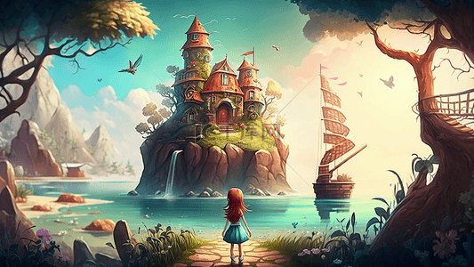 城堡小船海岸插画背景