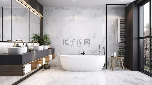 白兔瓷砖背景图片_豪华的瓷砖装饰增强了 3D 渲染阁楼浴室的现代外观