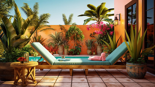 3D 渲染一个轻松的墨西哥露台，配有躺椅游泳池玛格丽塔和棕榈，非常适合夏季氛围