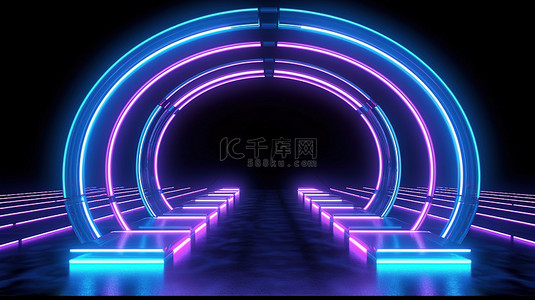 发光圆圈 3D 渲染的未来隧道工作室舞台