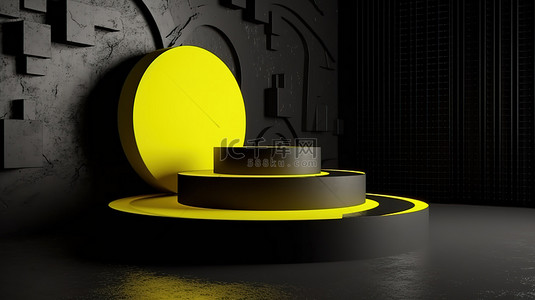 产品显示背景图片_圆形黄色讲台，带有霓虹灯环和灰色圆圈，单色背景上令人惊叹的 3D 渲染