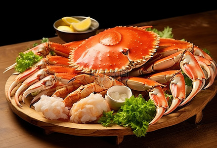 蟹肉和海鲜放在木盘上