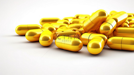 黄色补充剂组 3d 说明白色背景下分离的膳食药丸和维生素