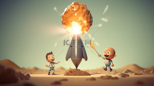 形象设计师背景图片_火箭发射卡通二人组代表 3D 插图中的创新和创业精神