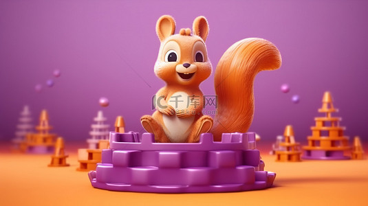 紫色游乐场设置与 3D 渲染橙色松鼠玩具