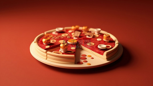 红色汉堡背景图片_迷你快餐整个披萨和切片披萨的单色红色 3d 图标
