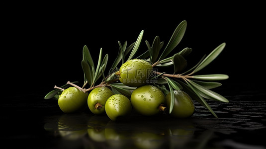 橄榄logo背景图片_在光滑的黑色背景上装饰着叶子的橄榄的 3D 渲染