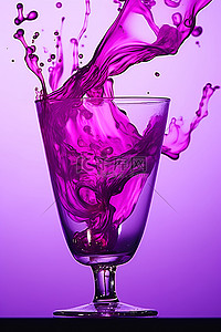 杯中水背景图片_玻璃杯中的紫色液体，带有彩色飞溅