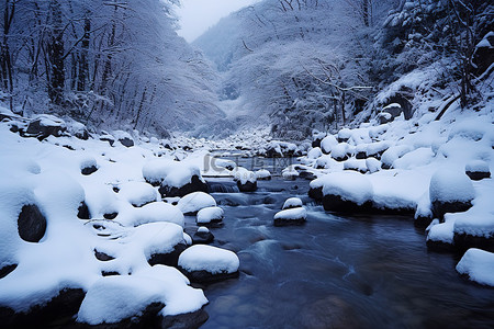 溪流背景图片_被白雪覆盖的山脉包围的上游溪流