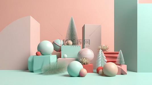 柔和的彩色 3D 讲台，用于圣诞节和新年礼物庆祝网页横幅设计