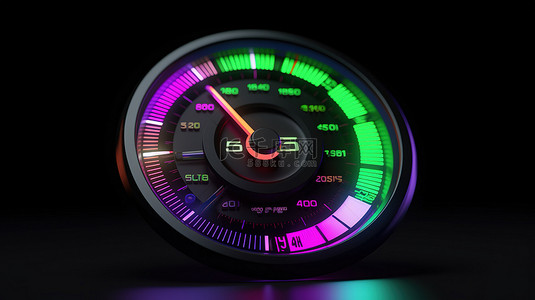 3D 插图中充满活力的车速表图标，带有绿色正常颜色指针