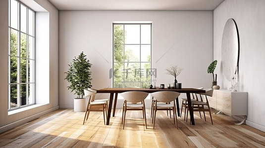 白墙室内背景图片_现代用餐区，配有木地板窗镜和白墙室内 3D 渲染的散热器