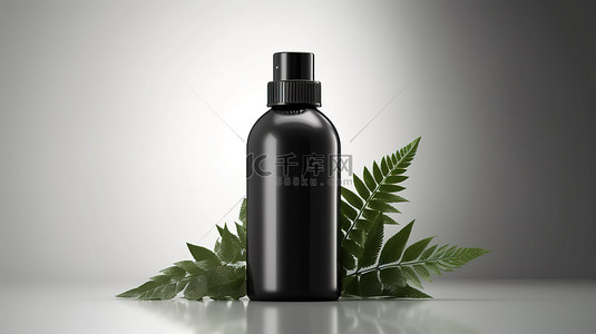 大型黑色 vape 血清瓶包装的 3D 插图，带有空白色标签，饰有树叶装饰
