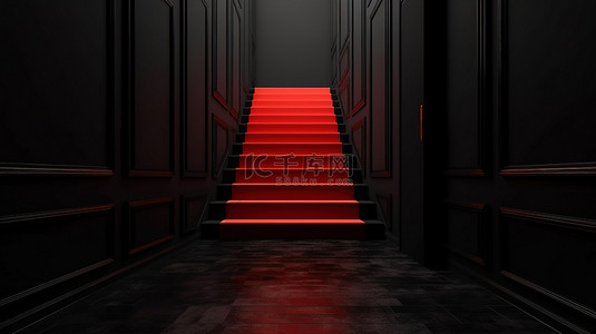 超现实的黑暗房间，有上升的楼梯和发光的门口，装饰着以 3d 呈现的充满活力的红地毯