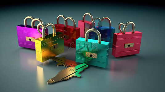 访问卡背景图片_安全信用卡交易 3D 渲染卡，带挂锁和密钥加密