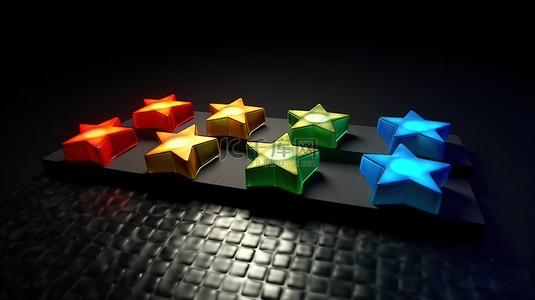 五星金色背景图片_带有红色蓝色和绿色框架的金色星级评级的 3D 渲染