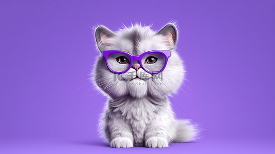一只戴着眼镜的可爱猫的酷 3D 插图