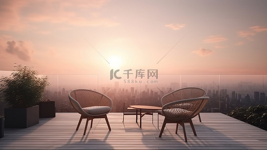 宁静的露台休息室的 3D 渲染，日落时享有令人惊叹的城市景观