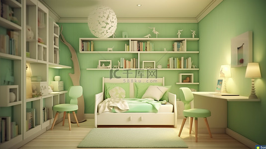 浅绿色儿童房的 3D 渲染，配有现代白色家具